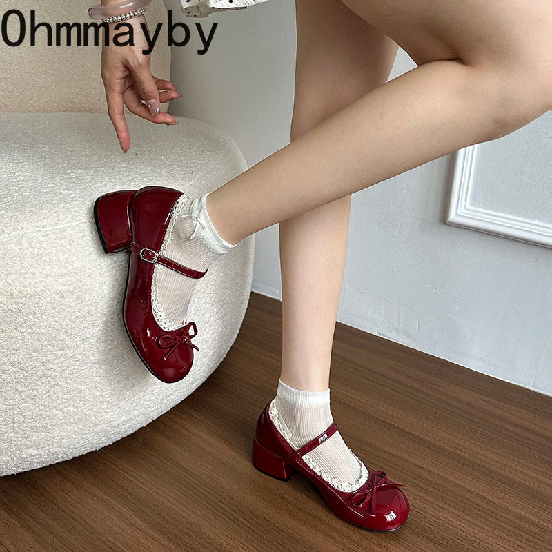 Butterfly-knot Women Mary Jane Shoes Elegant Patent Leather Wedding Party Thick Heel Ladies Footwear