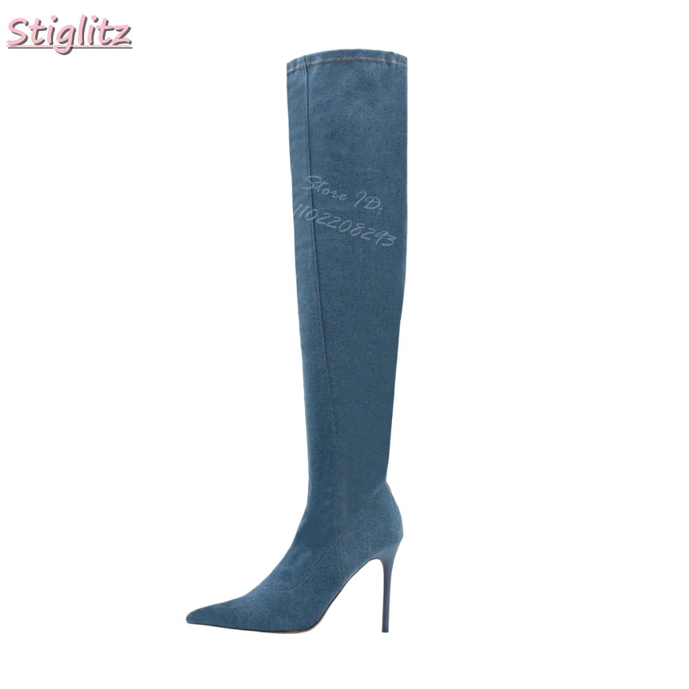 Denim Blue Pointed Boots Sewing Slim Over-the Knee Boots Stiletto Women Fashion Modern Shoes 2025 Autumn New Thin Heel Slip-on