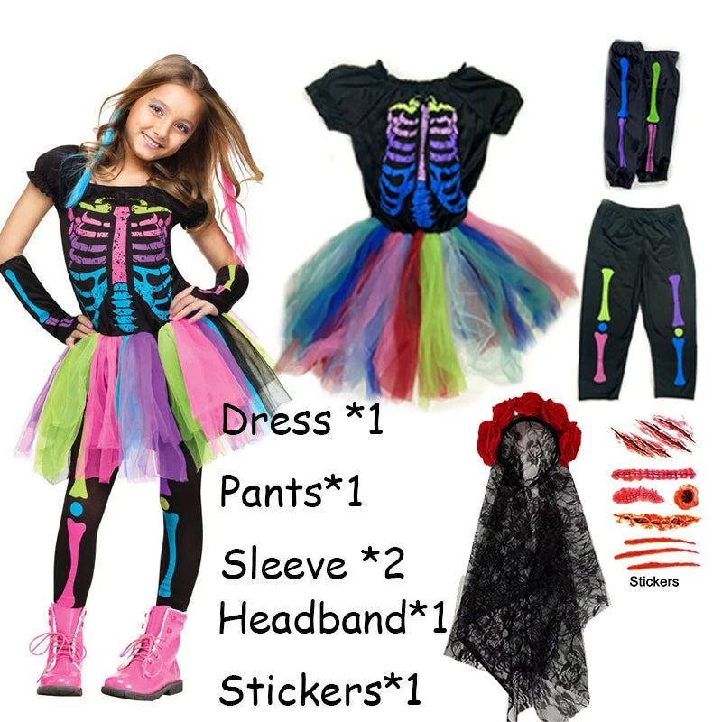 2025 Halloween Baby Girls Witch Dress+Hat+Wand+Candy Bag Costume for Kids Carnival Party Evil Witch Vestidos Set 2-12Yrs Clothes
