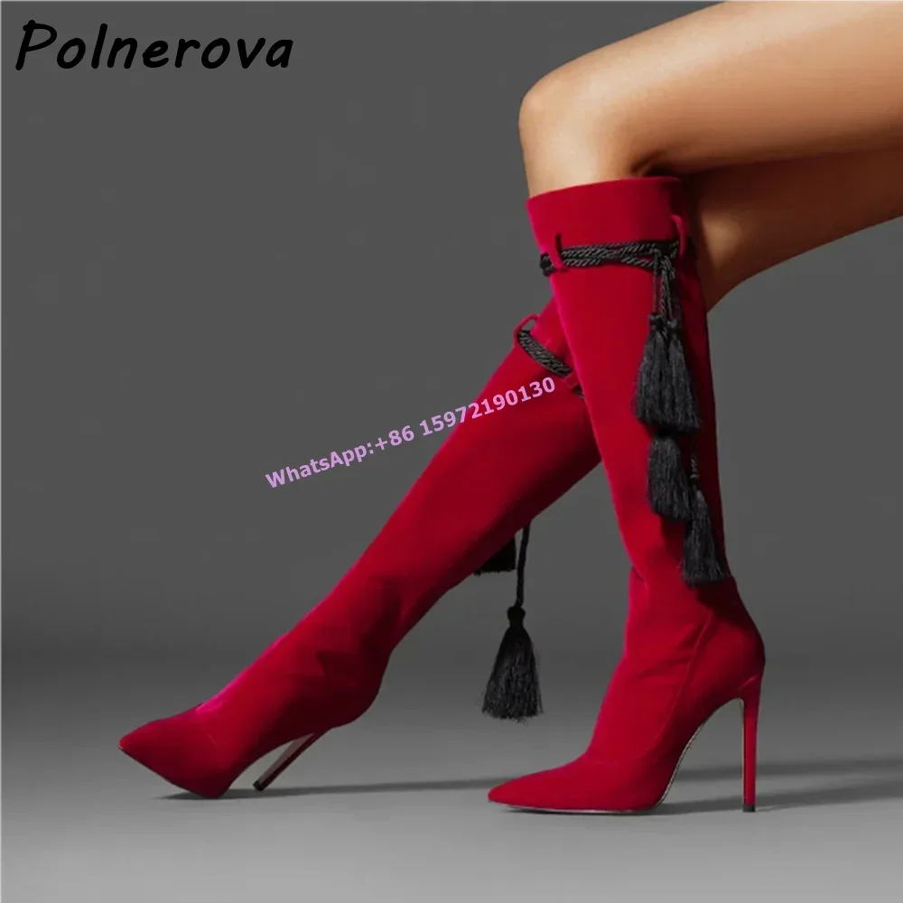 Winter Black Suede Red Fringed Boots Pointed Toe Twine Lace Up Slip On Stiletto Knee-Length Boots 2024 Runway New Design Shoes