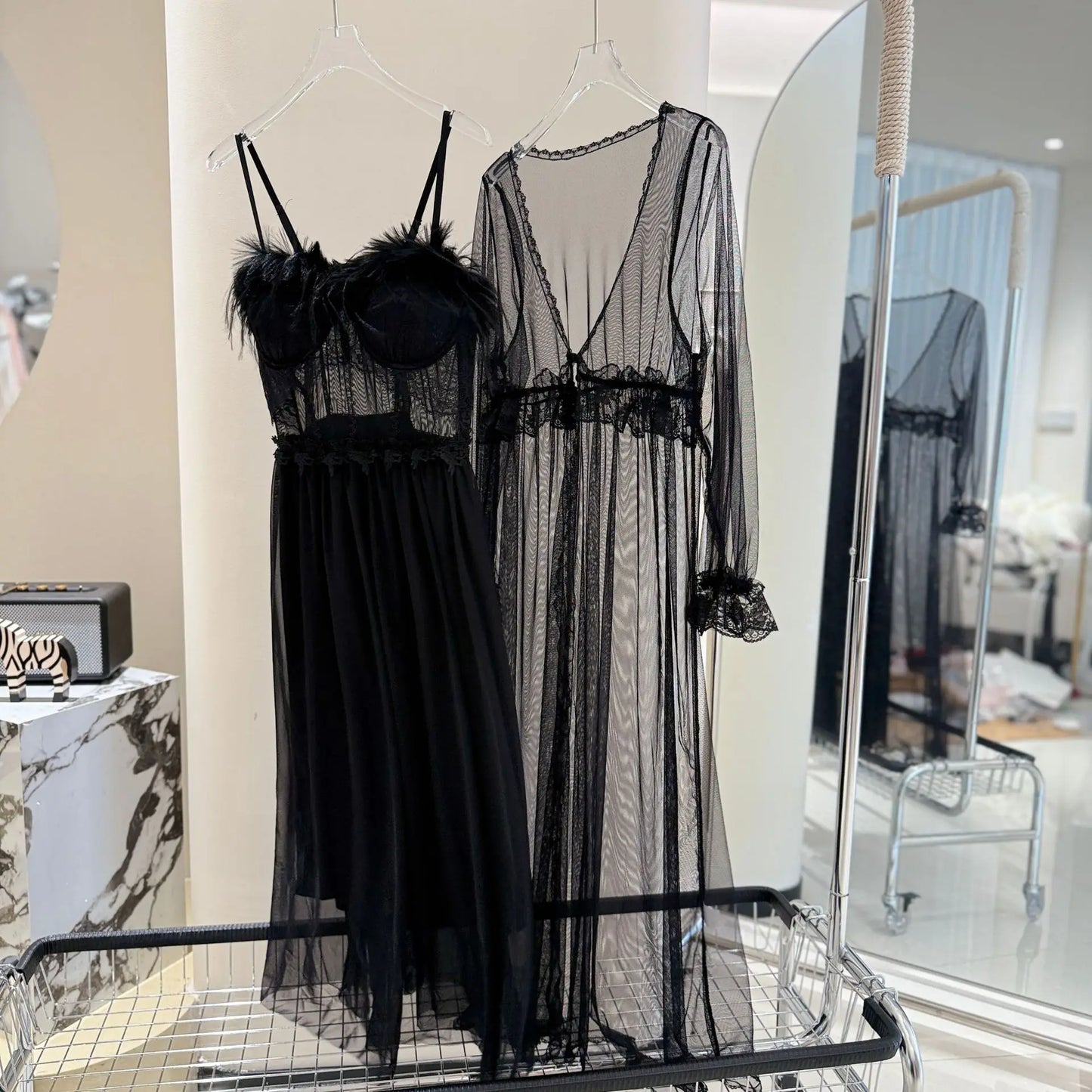 Fairy Wedding Robe Set Bride Morning Dressing Gown Sexy Mesh Perspective Robe Suit 2Pcs Spaghetti Strap Pajamas Lingerie