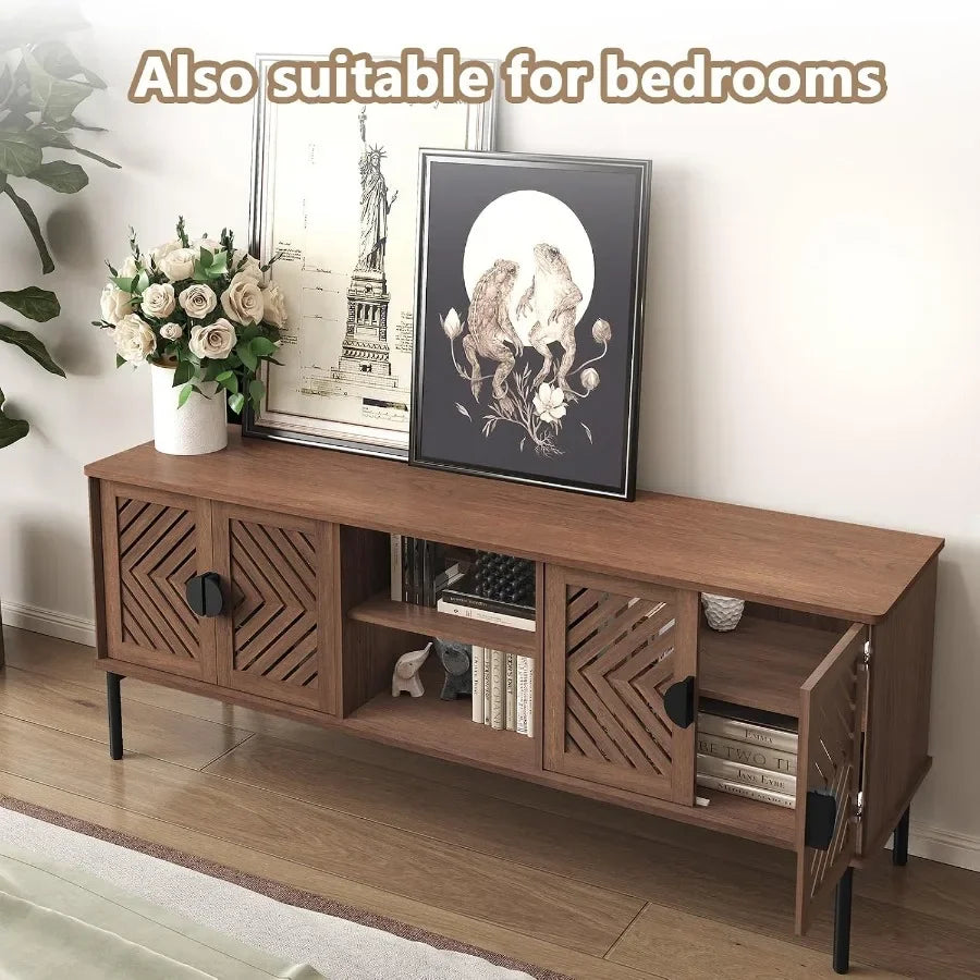 63 TV Stand for Living Room, Engineered Wood Entertainment Center with Storage Shelves, Brown Finish, Modern Style and Sturdy C