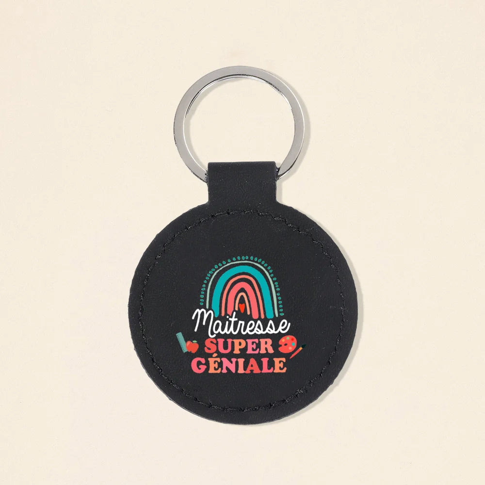 Super Atsem Maitre Maitresse Print Keychain Leather Circle Keyring Teacher Life Key Chain Teacher's Day Thanks Gift for Teacher