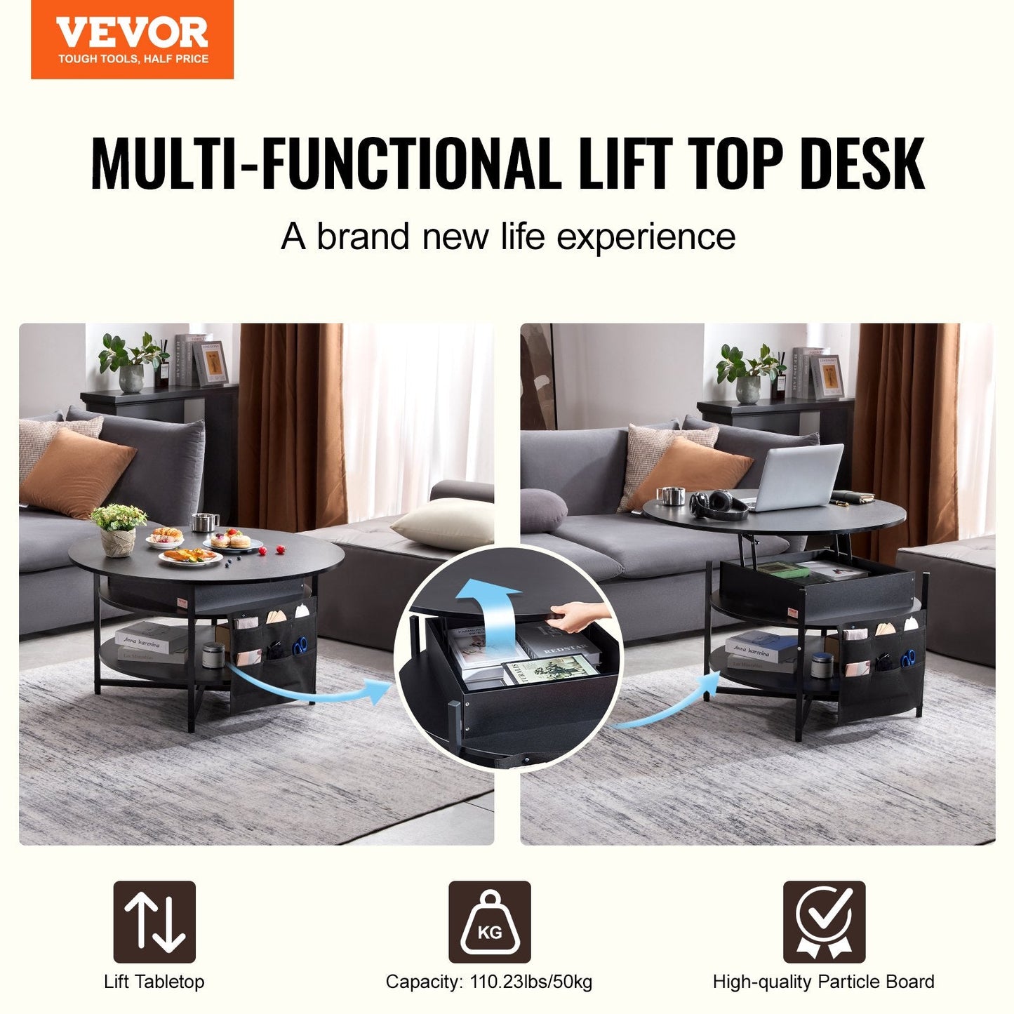 Lift Top Coffee Table, 35.3 In Round Coffee Table With Extra Storage