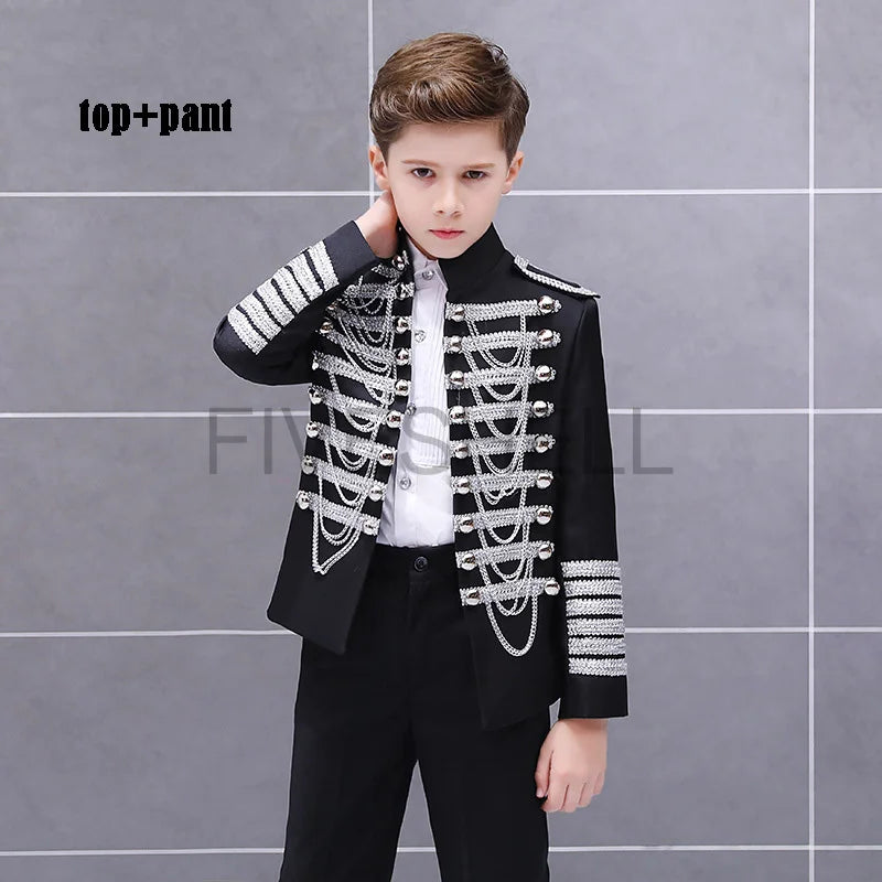 Medieval Steampunk Prince Blazer Costume Military Tassel Chains Cosplay Jacket Shoulder Pad Coat Pop Stage Dacing Tops for Kids