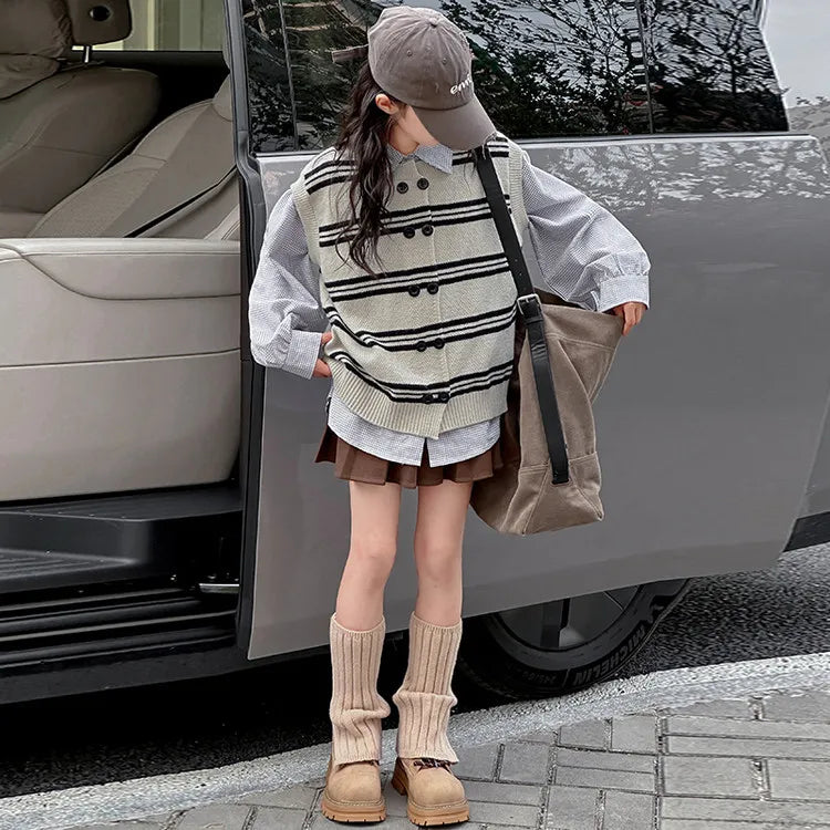 Girls Autumn Knitted Vest 2025 New Korean Fashionable Casual Daily Striped Sleeveless Double Breasted All-match Waistcoat