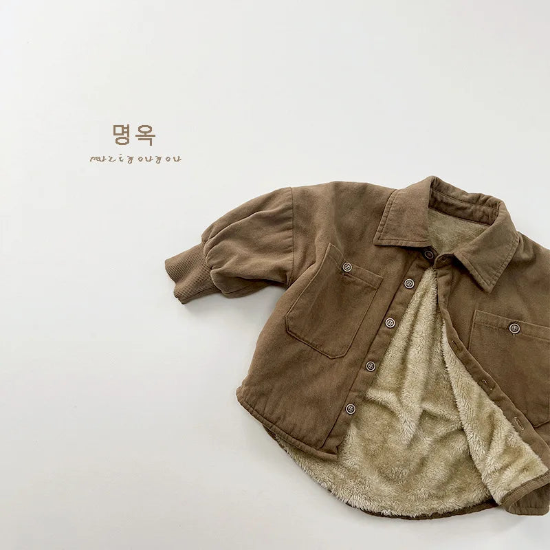 Autumn Winter Children's Coat New Solid Color Retro Turn-Down Collar Long Sleeve Single breasted Pocket Thickened Warm Coats