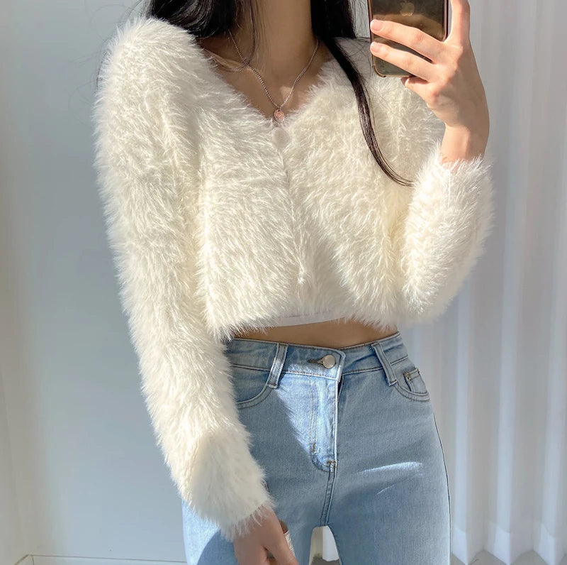 Autumn Winter New Sweet Chic Short Cardigan V-neck Soft Fluffy Sweater Coat Woman  Cropped Cardigan Long Sleeve Top  Y2k Clothes