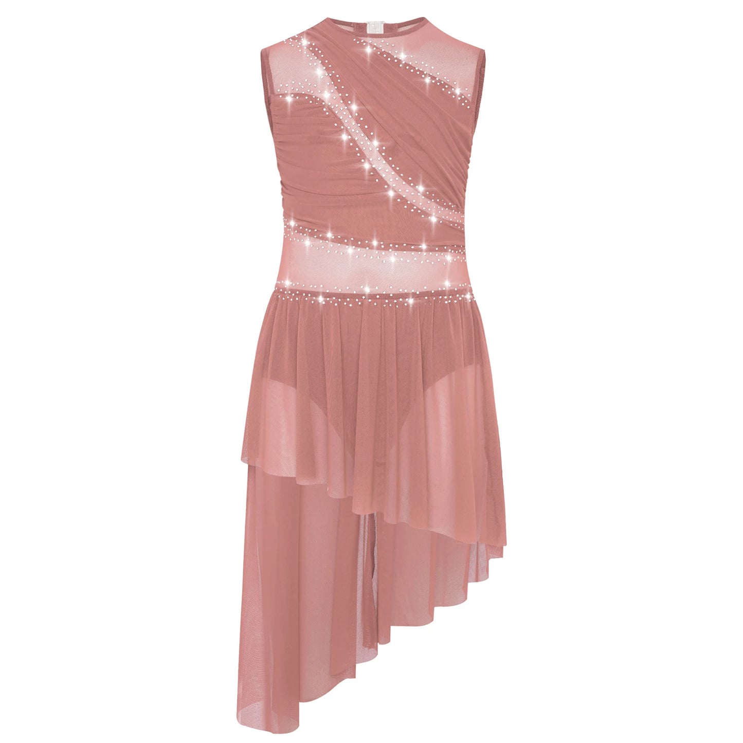 Kids Girls Ballet Dance Dress Figure Ice Skating Dancewear Open Back Asymmetrical Hem Rhinestone Sheer Gymnastics Leotard Dress