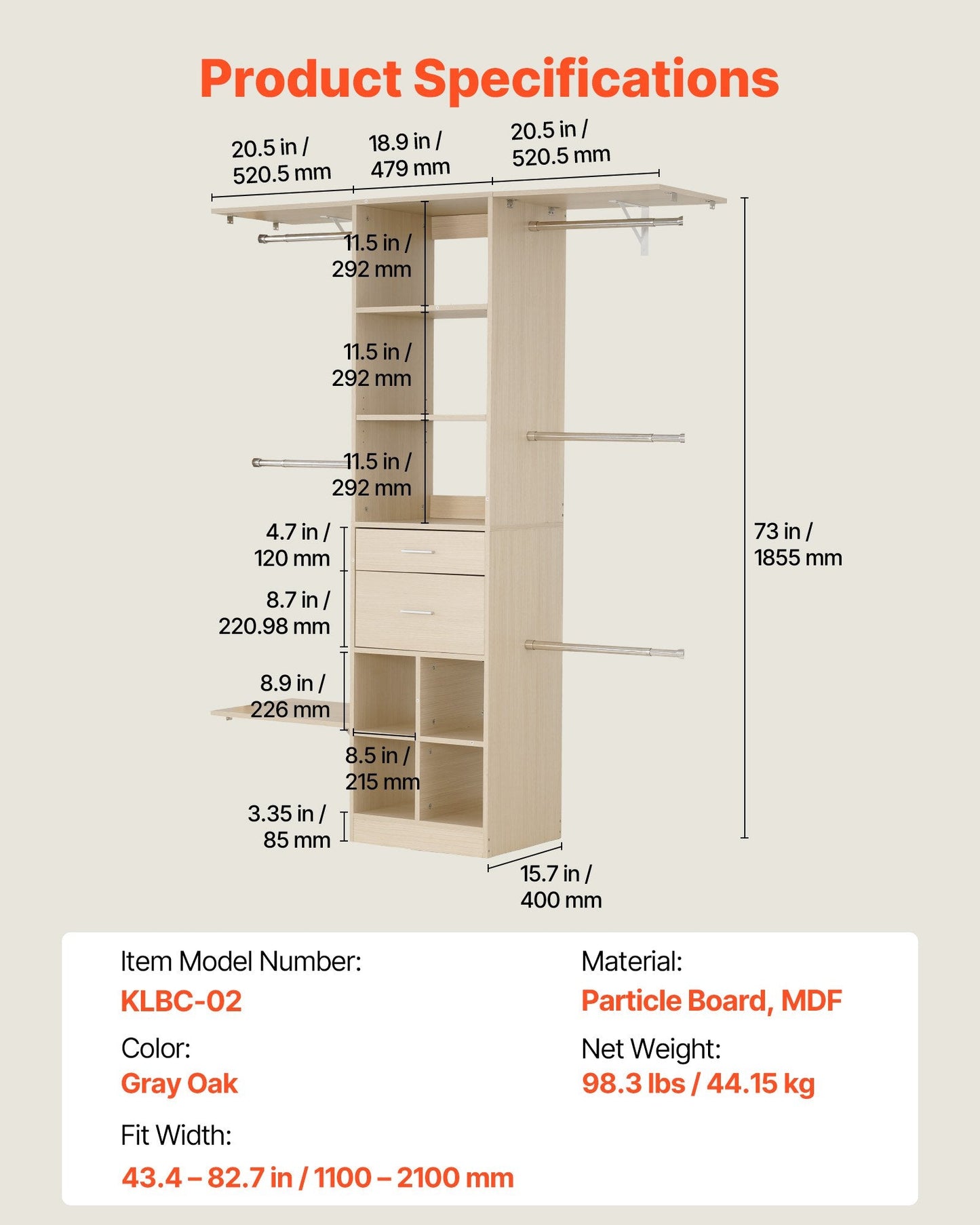 Closet System With 2 Drawers, Adjustable Height Wooden Closet