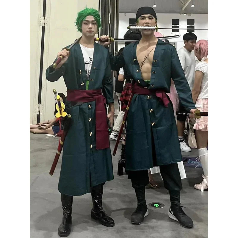 2025 ❤ New Anime Piece Pirate Cosplay Costume Roronoa Zoro Kostum Two Year Later Wig Earrings Black Green Coat Belt Pants ★★