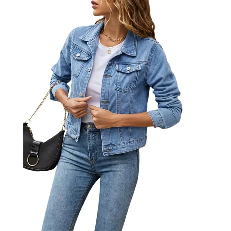 New Women Short Denim Jackets Fashion Female Casual Long Sleeve Lapel Solid Button Pocket Slim Jean Jacket Fall Winter Coat