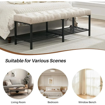 55.5" End of Bed Bench, Modern Chenille Button Tufted Bedroom Bench, Upholstered Storage Shoe Bench with Metal Base, Dinning Tab