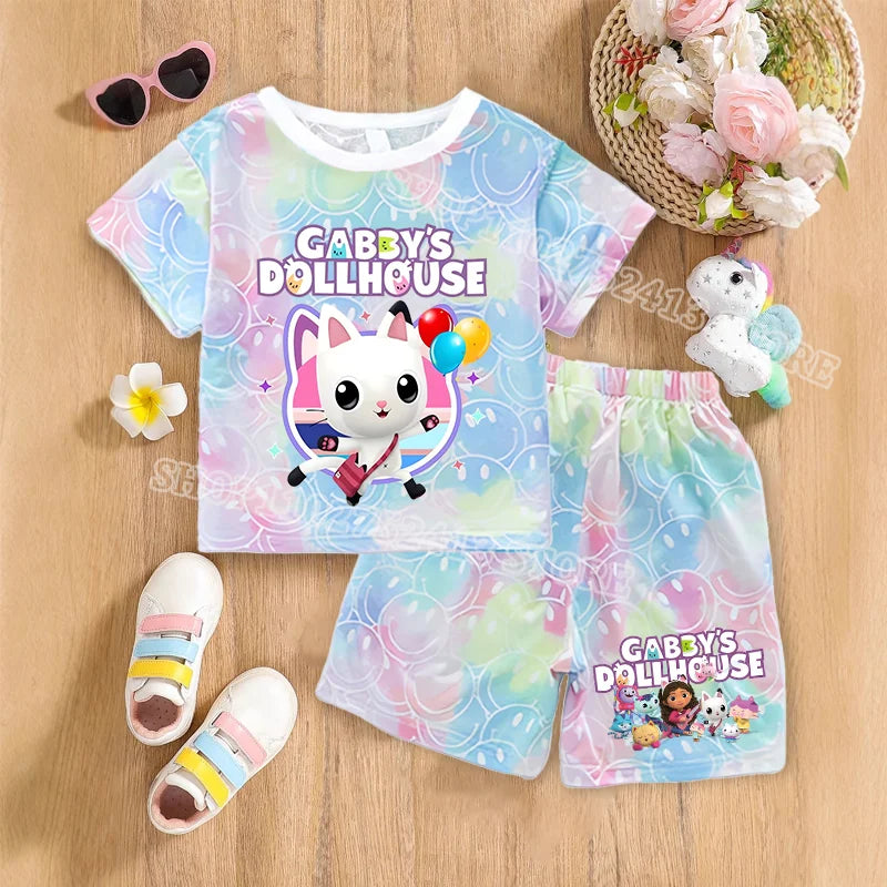 2pcs Gabby Dollhouse Sets Summer Breathable Sweat Absorbent Kids Clothes Baby Girls Kawaii anime Smile Short Sleeve Thin Suit