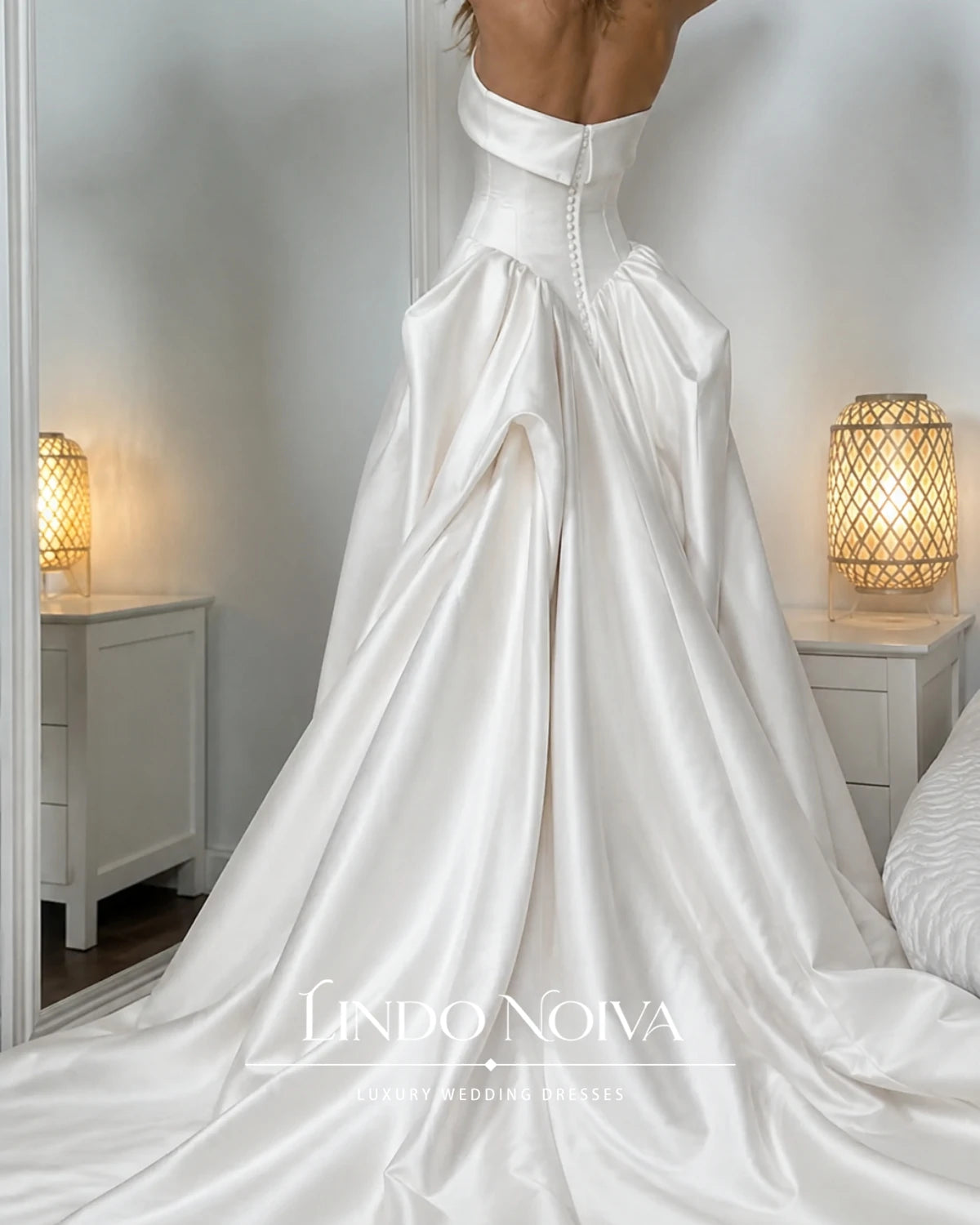 LINDO NOIVA Strapless Satin Wedding Dress 3D Origami Big Bow A‑Line Bridal Gowns Minimalist Luxury Vestidos De Novia Customized