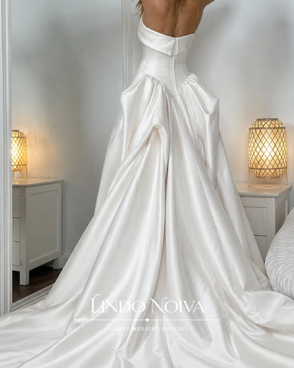 LINDO NOIVA Strapless Satin Wedding Dress 3D Origami Big Bow A‑Line Bridal Gowns Minimalist Luxury Vestidos De Novia Customized