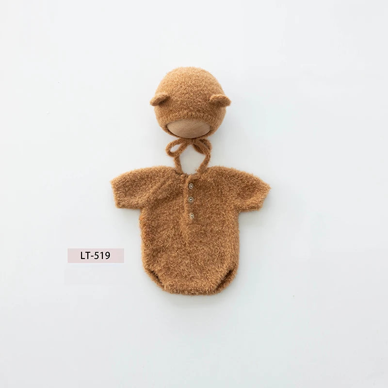 Newborn Photography Props Handmade Knitted Bear Clothes Costume Bodysuit with Hat and Cute Doll Set for Baby Studio Photo Shoot