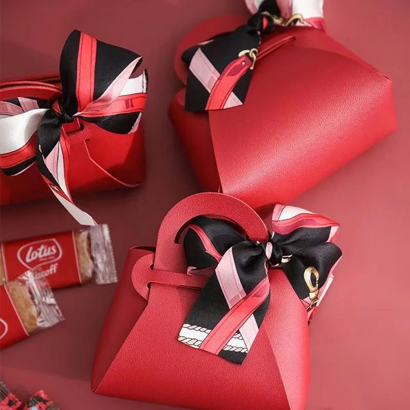 10PCS Distribute Leather Pink Gift Bags Wedding Favour Bag for Guest Mini Handbag with Ribbon Candy Packaging Box Party Decor