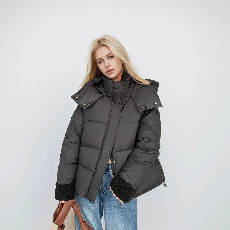 Winter Female's Parka Jacket Pure Color Zipper Lambswool Turn Down Collar Pockets Women's Coat Minimalsit Casual Coat For Women
