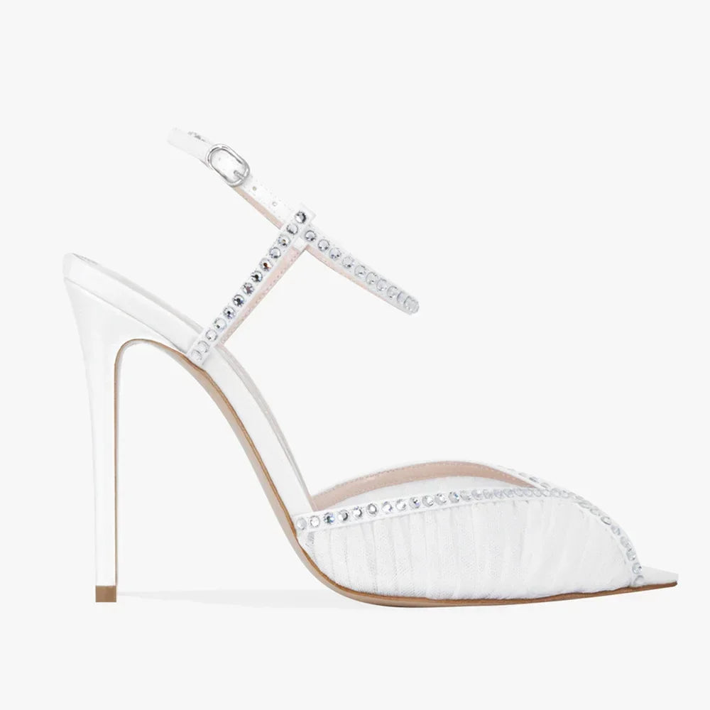 Crystal Peep Toe Ankle Buckle Strap Sandals Sexy Pointed Toe Oversize 46 Shallow New Arrials Fashion Women Modern Shoes