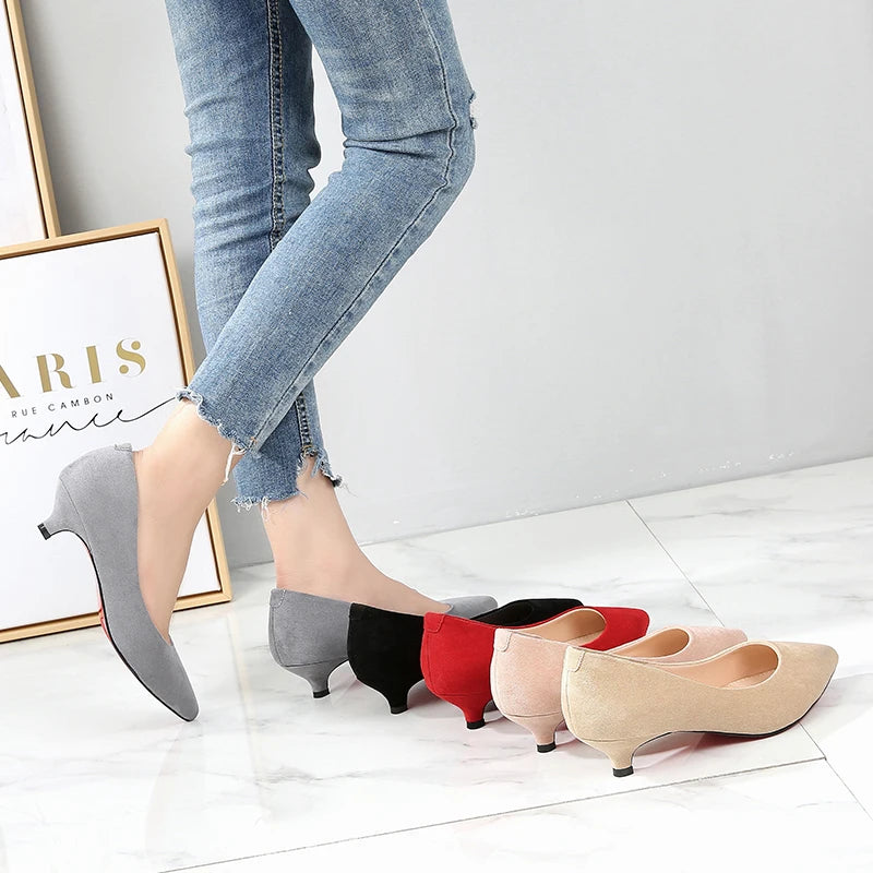 Big Size 34-43 Woman Shoes Flock Med High Heels Women Pumps Stiletto Women's Work Shoes Pointed Toe Wedding Shoes E0004