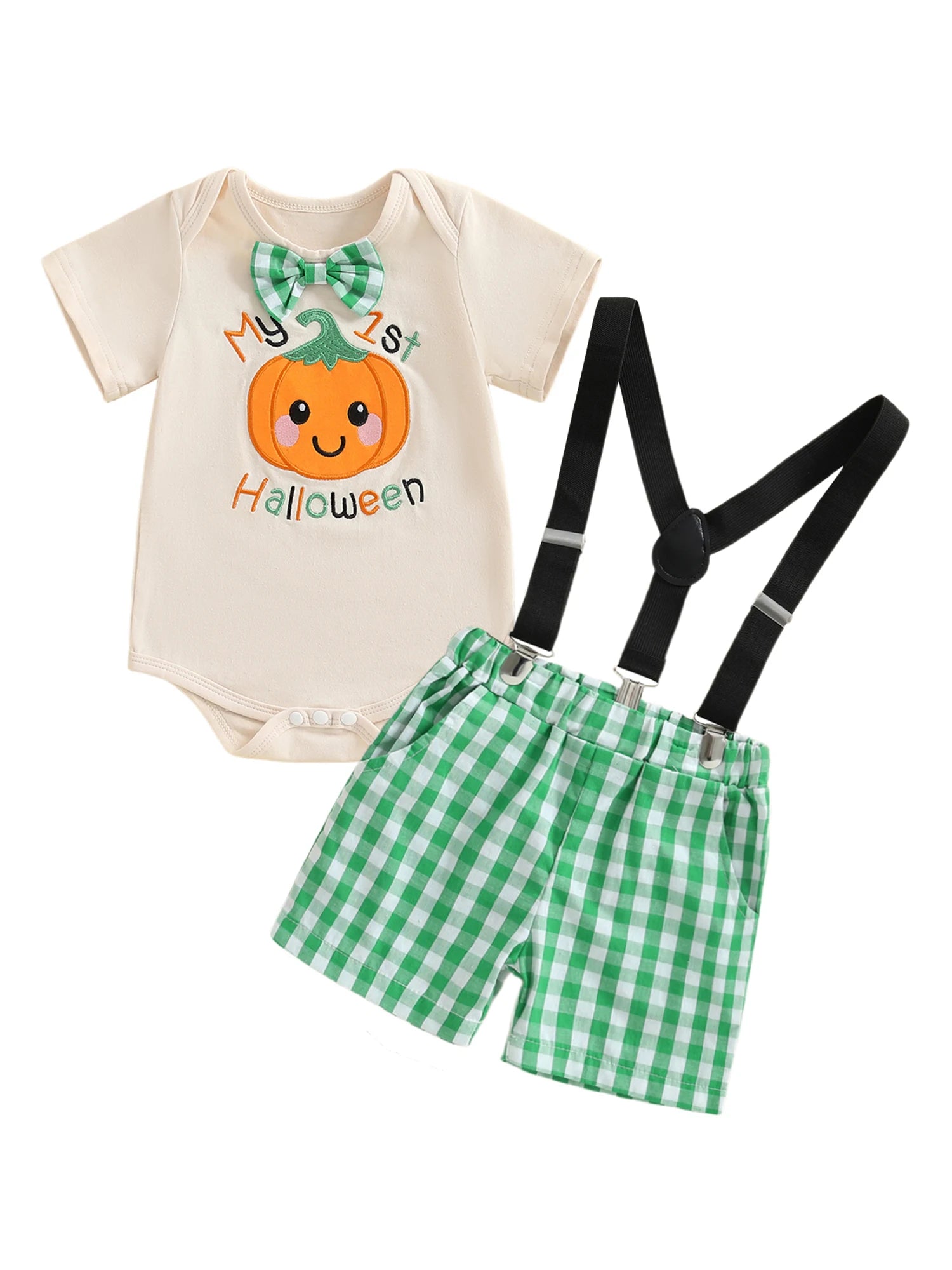 Cute Toddler Halloween Costume Pumpkin Patchwork Long Sleeve Romper with Checkered Suspenders Pants 2 Piece Set for Boys