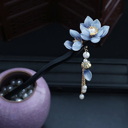 Courtly Style Hair Stick Vintage Flower Chignon Hairpin Chopsticks For Women Classic Wooden Pearl Tassel Hair Bun Jewelry Gifts