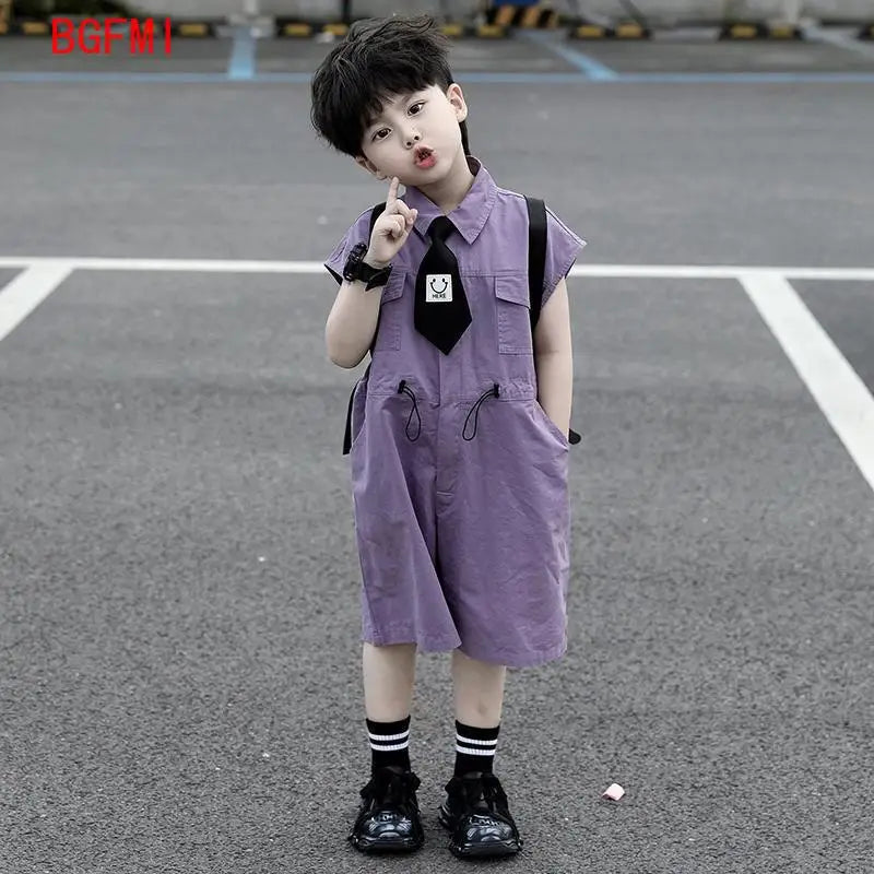 Kids Summer Shorts Overalls Capri Boys Purple Pants and Tie Clothes Boy Baby Jumpsuit 1-10Y Short Sleeved Children's Clothing