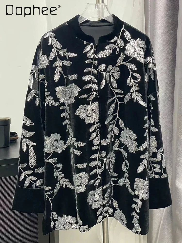 Heavy Industry Flower Embroidery Sequins Velvet Stand Collar Jacket New Chinese Style Retro Trendy Jacket Women's Spring Autumn