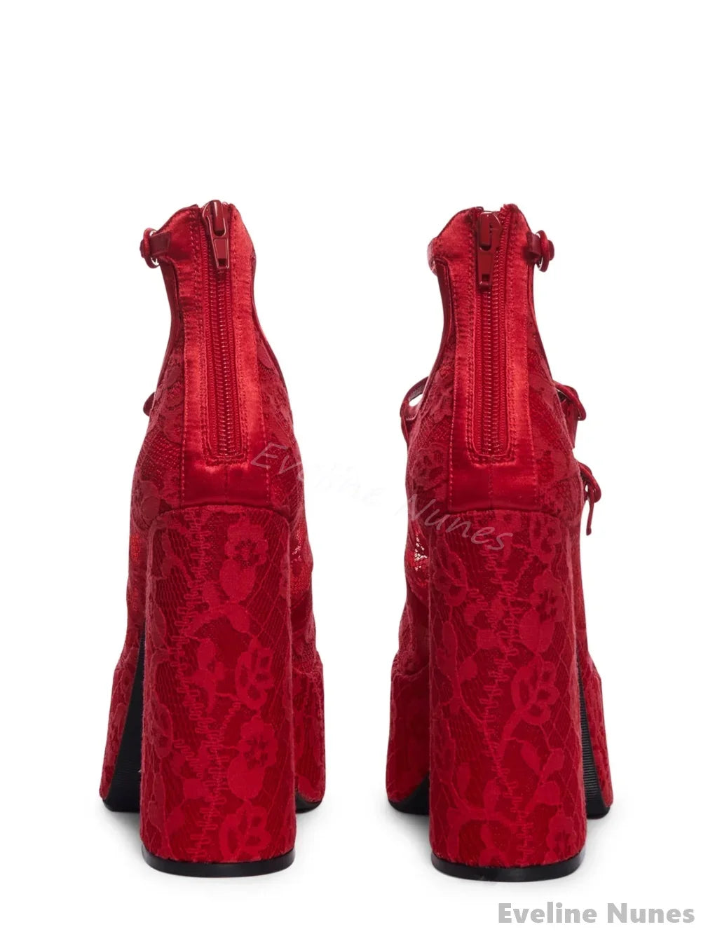 Red Lace Butterfly Knot High Heels Women Round Toe Chunky Heel Platform Shallow Hollow Sandals New Fashion Sexy Wedding Shoes