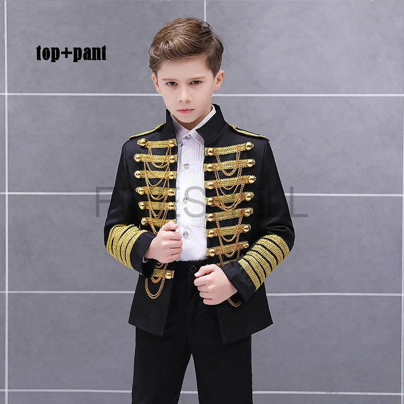 Medieval Steampunk Prince Blazer Costume Military Tassel Chains Cosplay Jacket Shoulder Pad Coat Pop Stage Dacing Tops for Kids