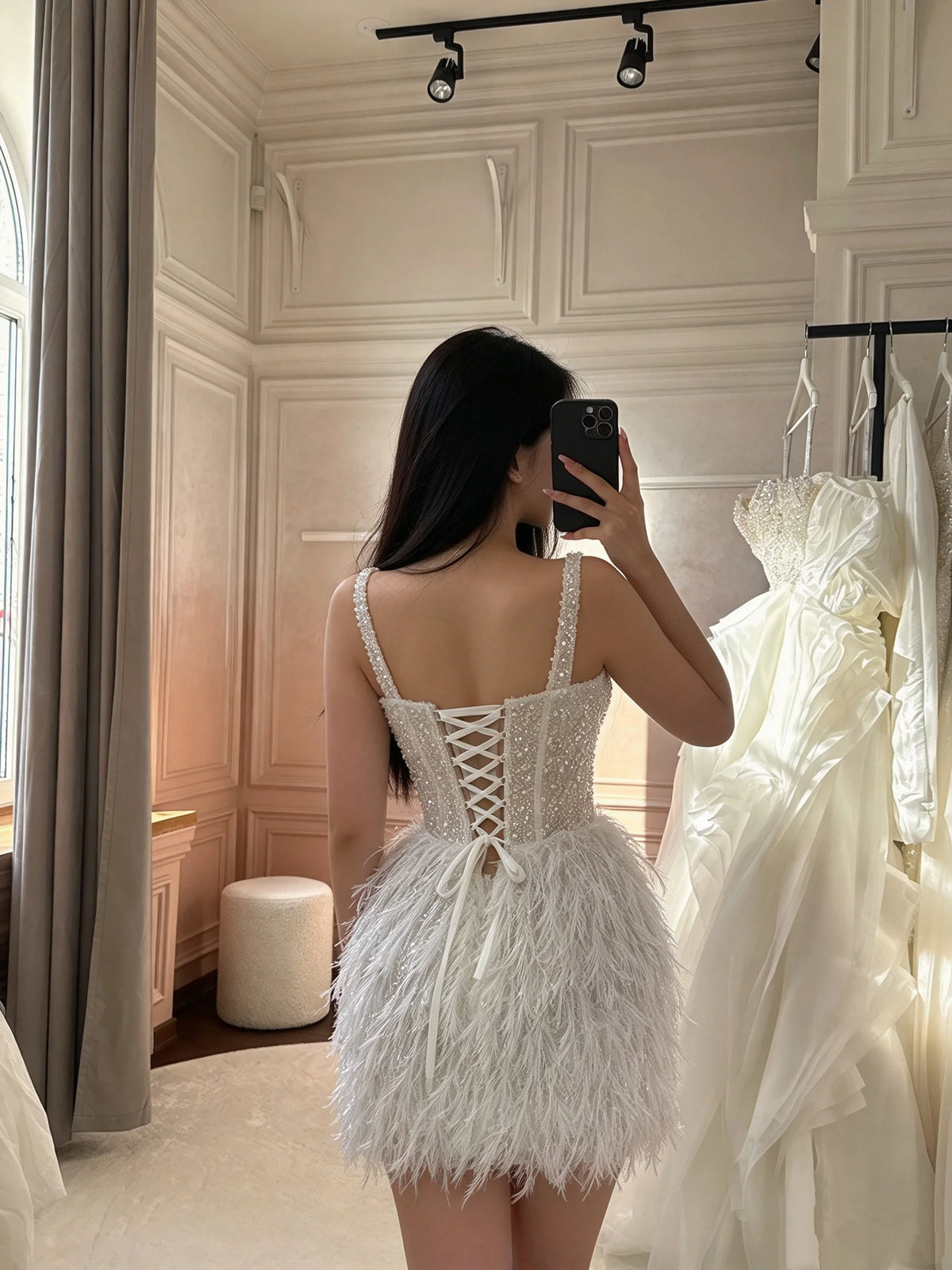 Square Neck Feather Short Wedding Dress Spaghetti Strap Beaded Corset Mini Bridal Gown Lace Up Back Reception Party Dress Custom