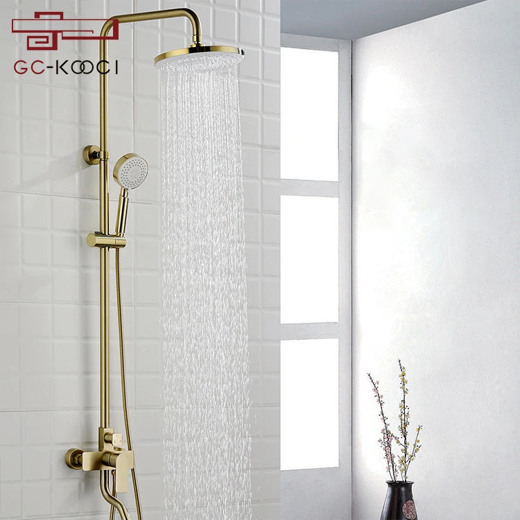 European Style Contemporary Brass Wall Mounted Rain Shower Head Set Single Handle with Brushed Gold Finish Made from Copper