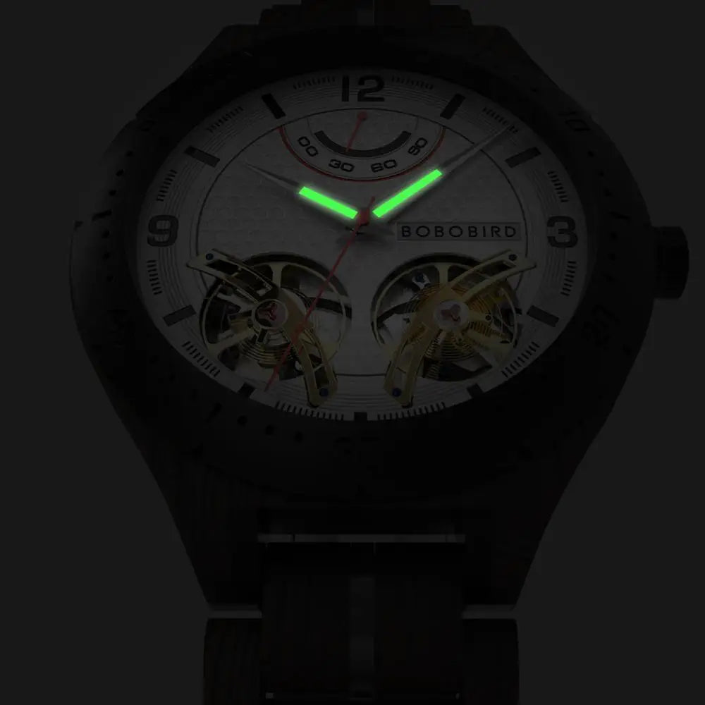 BOBO BIRD Men Mechanical Wooden Watches Double Tourbillon Movement Business Luxury Automatic Wristwatches for Men Great Gift Box