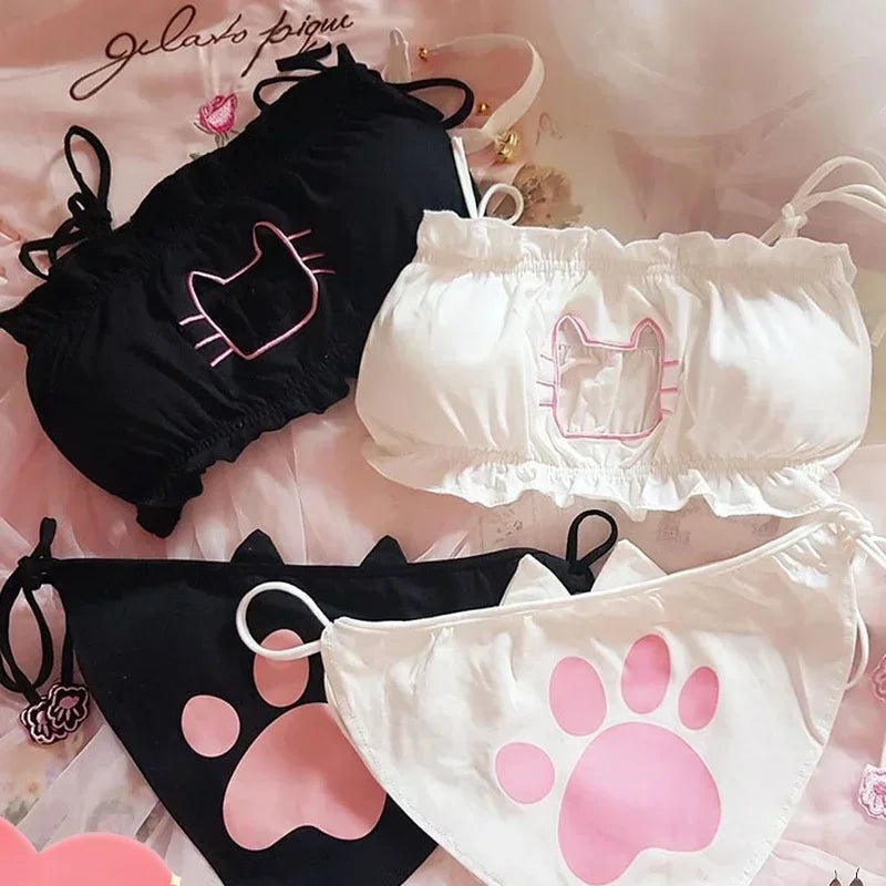 Japanese Anime Cat Girl Cosplay Bra Panties Set Women Sexy Lingerie Underwear Intimates Kawaii Lolita Hollow Out Cute Nightwear