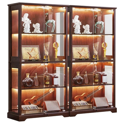 Farmhouse Glass Display Cabinet Set of 2 with Lock Walnut