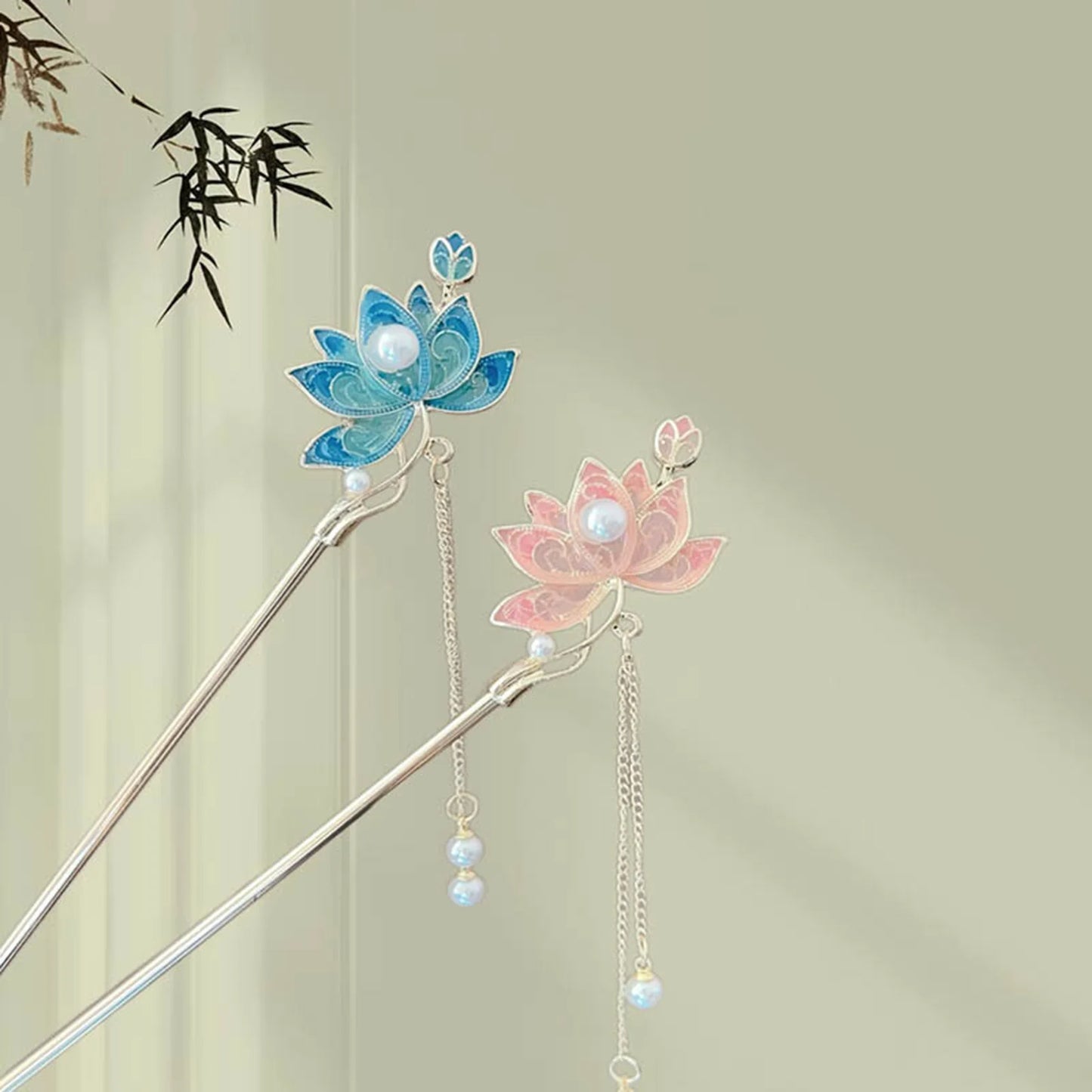New Chinese Style Alloy Hair Sticks Forks Lotus Flower Decor Pearls Chain Pendant Hairpins Women Girls Hair Bun Maker Jewelry