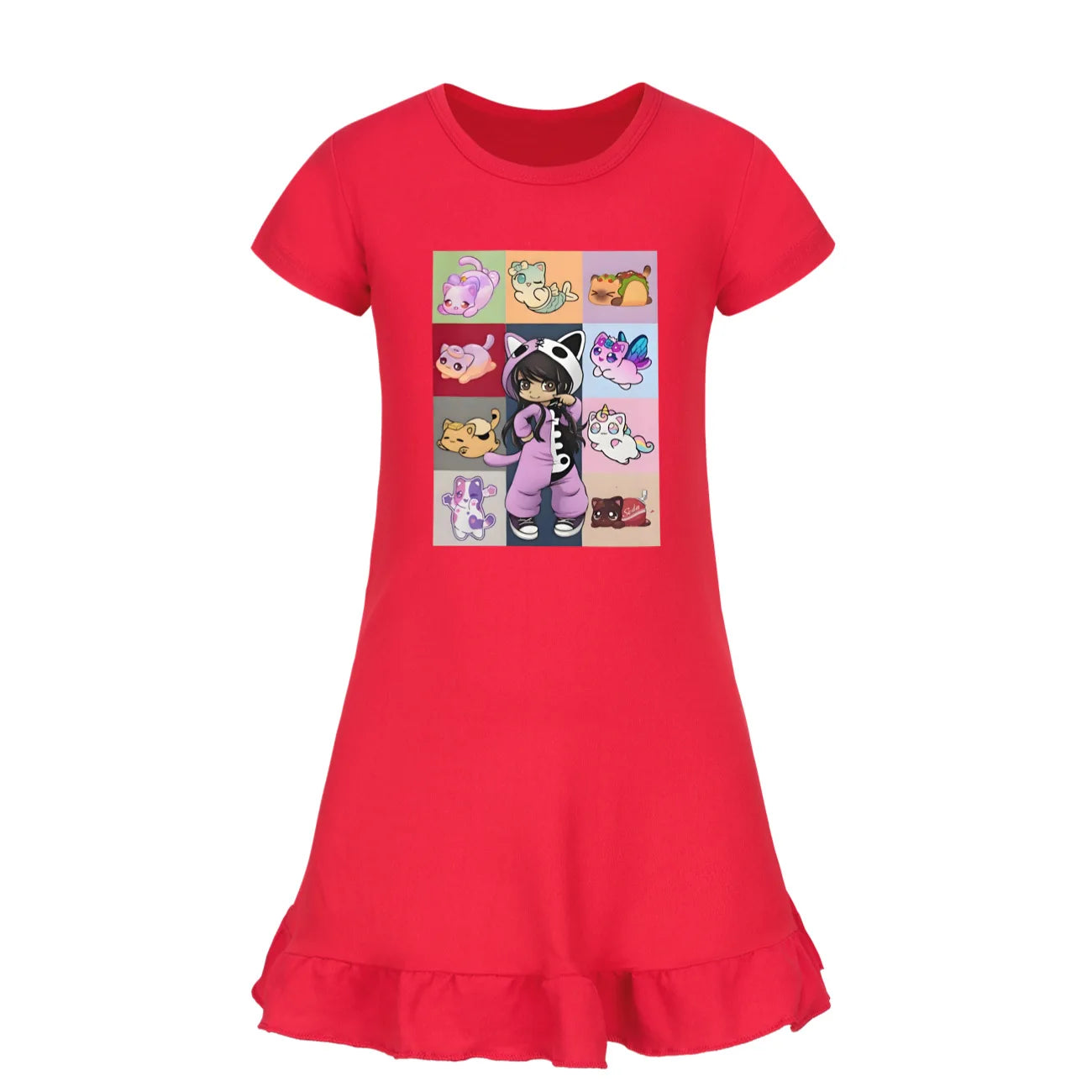 Kids Anime Aphmau Cat Summer Sleepdress Short Sleeve Baby Girls Casual Cartoon Nightgown Daily Wear Clothes for Children