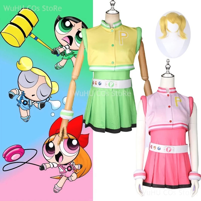 Power Cos Puff Girls Cosplay Costume Hyper Blossom Rolling Bubbles Costume Vest Coat Dress Outfit Hairband Gloves Belt Wig Women