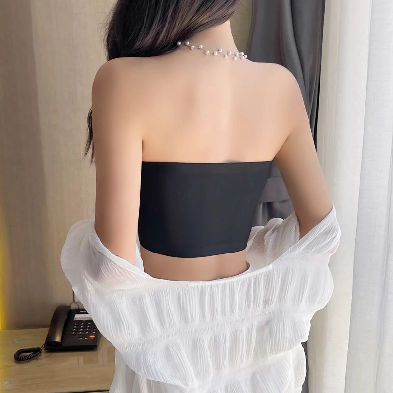 One Piece Sexy Tube Tops Women Strapless Push Up Bra Lingerie Ice Silk Thin Seamless Word Sling Black White Bralette Top