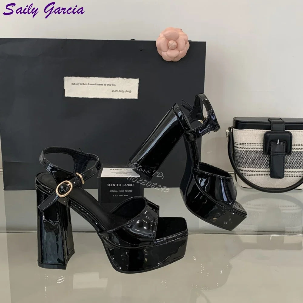 Burgundy Chunky Heel Sandals Square Toe Platform Buckle Strap Catwalk Shoes Patent Fashion Super High Heels 2025 Lady Summer New