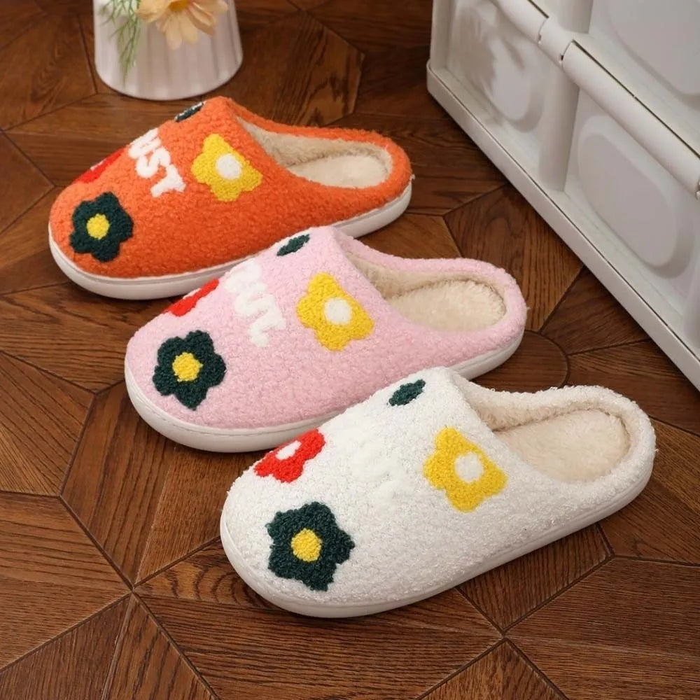Soft Flowers Cotton Slippers Fluffy Slides Anti-slip Winter Warmer Slippers Furry Green Haired Warm Home Cotton Shoes