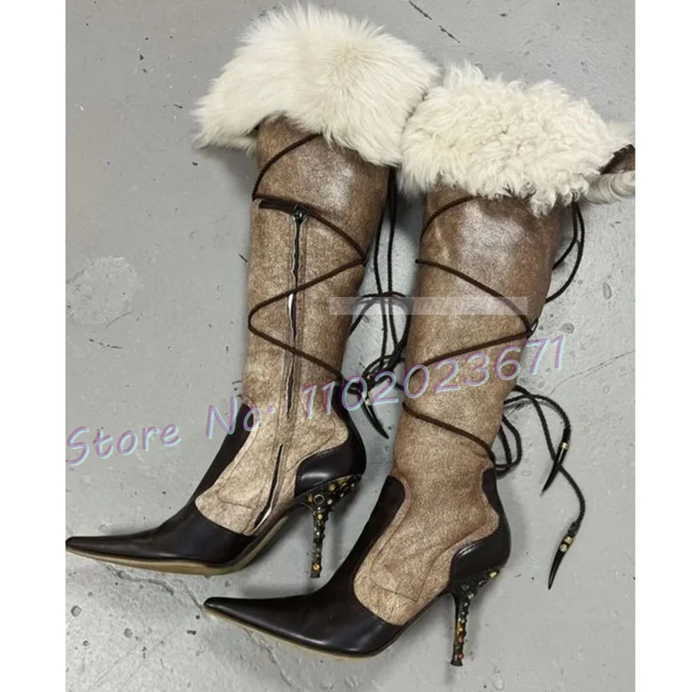 Pointy Fur Wrap High Boots Women New In Cross-tied Leather Splicing Fahion Grey Shoes Elegant Ladies Studded Knee High Boots