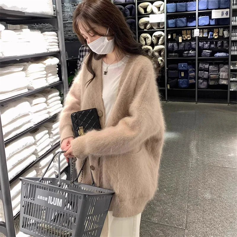 Cardigan Knit Sweater Women Single Breseted V Neck Coat Solid Long Sleeve Splice Jumpers Elegant Coat Loose Autumn Winter