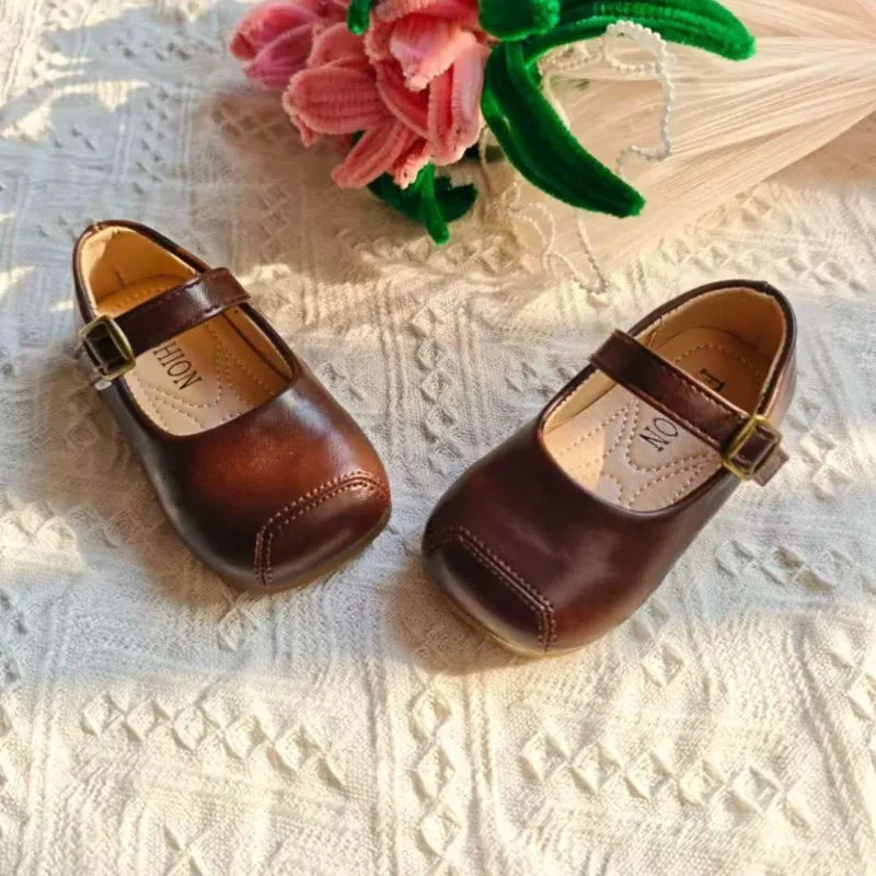 Children's Leather Shoes 2025 Autumn New Bean Shoes Shallow Mouth Princess Shoes Fashion Shoes Girls' High Beauty Baby Shoes