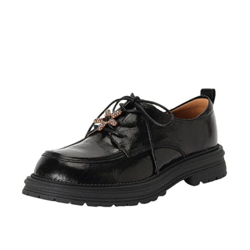 Block Heel Loafers Autumn New Round Toe Deep Mouth Front Lace-Up Rhinestone Non-Slip Wear-Resistant Platform Single Shoes