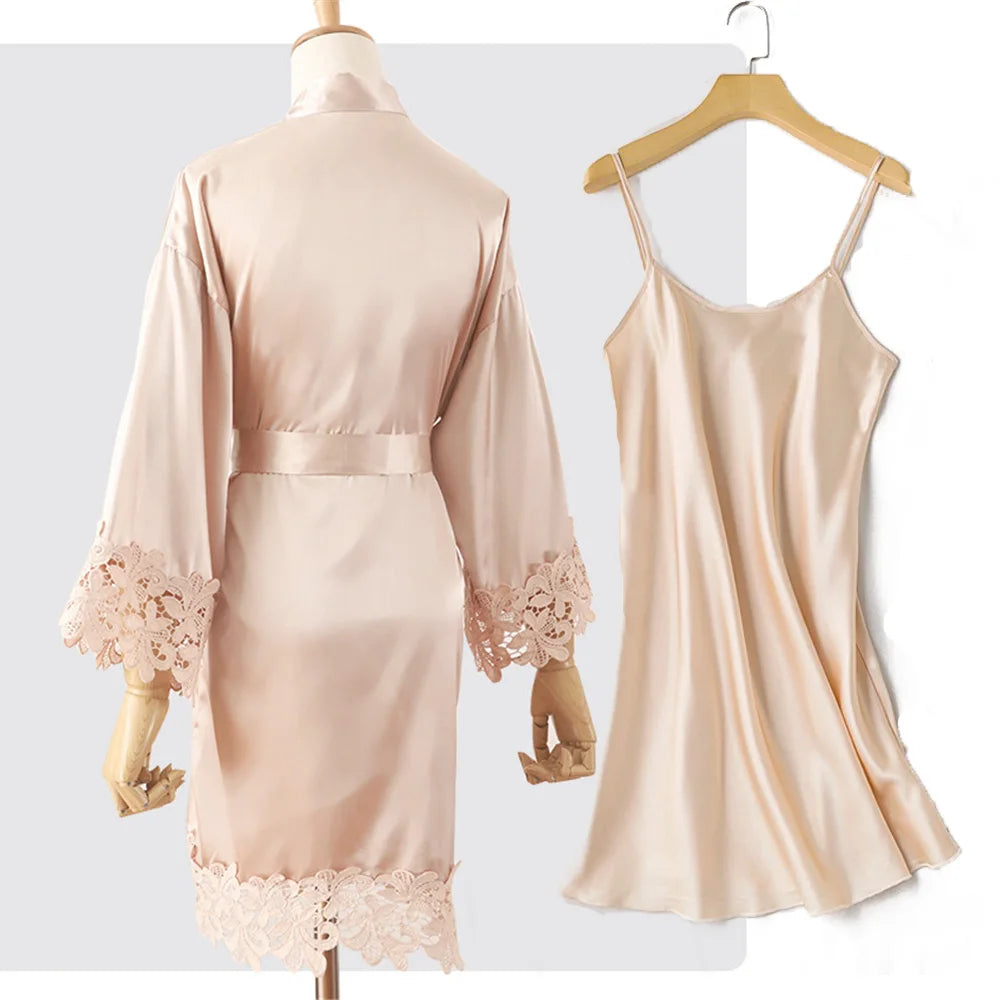Sexy Lace Bride Bridesmaid Kimono Dresses Robes Women Home Gown Intimate Lingerie Wedding Robe Set Night Sleepwear Bathrobe 2PCS