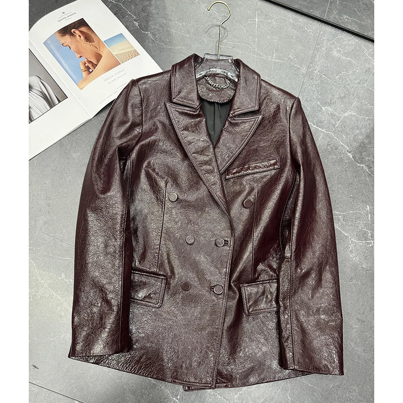 Women's Genuine Leather Sheepskin Coats Autumn Lapel Two Buttons Burgundy Long Loose High-Grade Waxed Goatskin Suit Jacket Lady