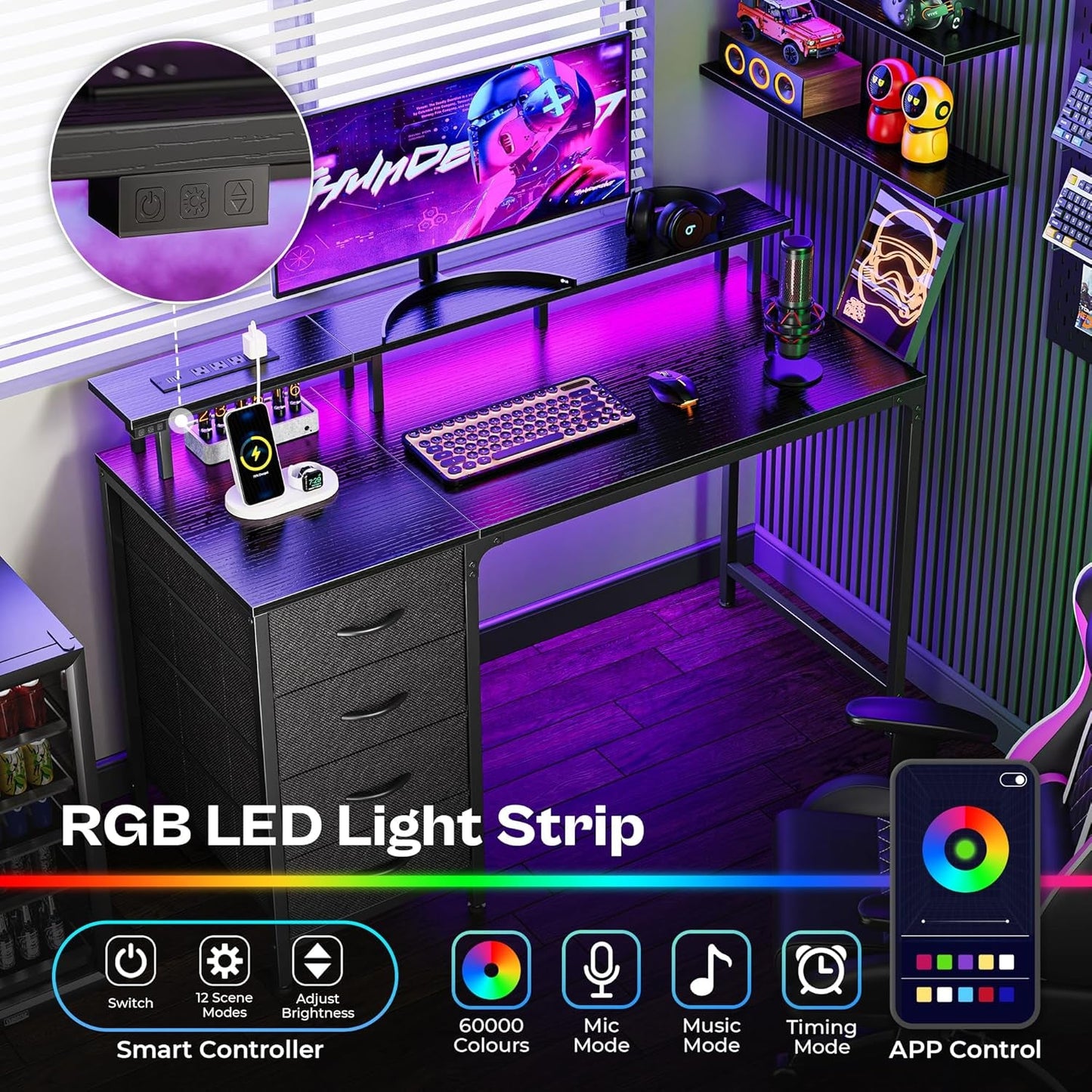 47 Inch Gaming Desk With LED Lights For Home Office