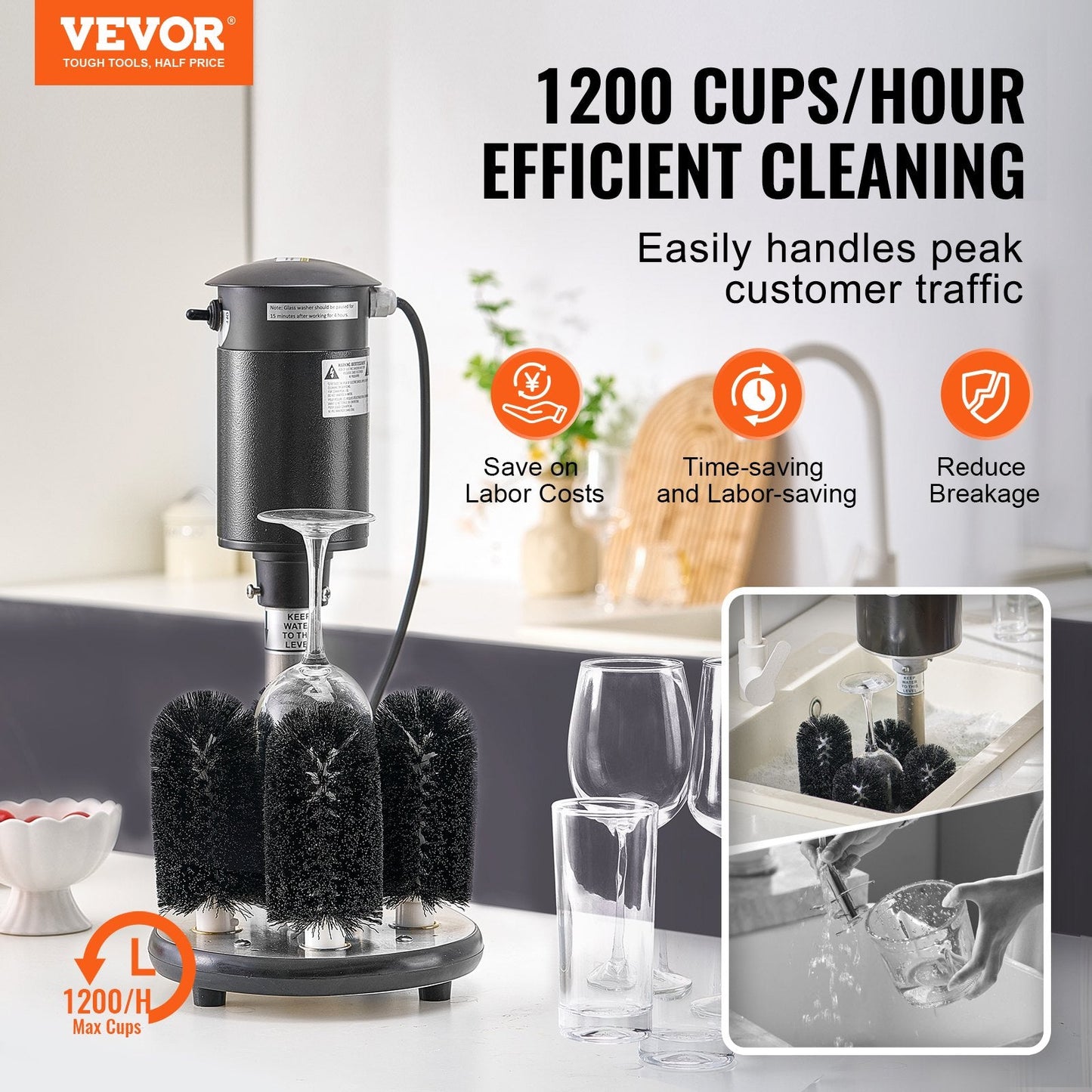 Electric Glass Washer 5-Brush Bar Glass Cleaner 1200 Cups/H For Wine